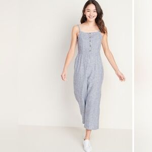 Womens Old Navy Square-Neck Linen Blend Blue Striped Cami Jumpsuit. Size XS